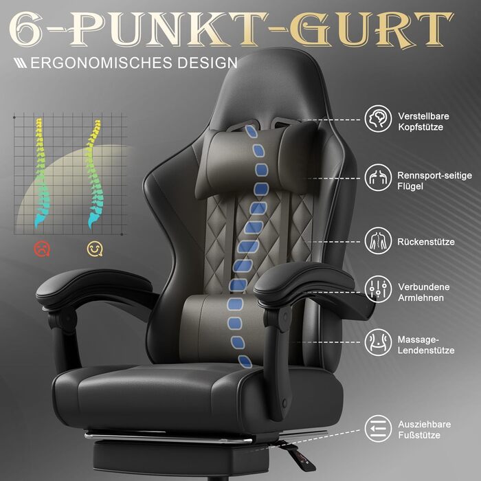 Геймерське крісло, офісне крісло з підставкою для ніг, ергономічне крісло з регульованою спинкою 90-135, вантажопідйомність 150 кг, чорний колір