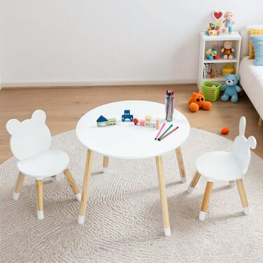 Дитячий стіл LALAHO з 2 стільцями, комплект дитячих сидінь, дитячий стіл/художній стіл, ігровий стіл, з сосновими ніжками, дитячі меблі для дитячих кімнат та дитячих садків (білий)