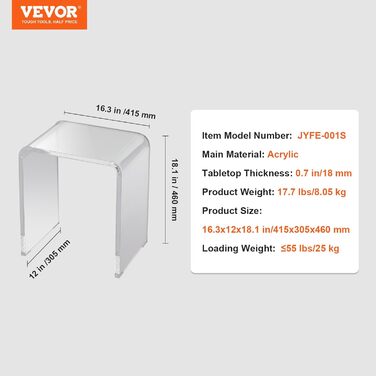 Акриловий журнальний столик VEVOR 415 x 305 x 460 мм, U-подібний акриловий журнальний столик, прозорий журнальний столик для напоїв, їжі, закусок, використовується у вітальні, спальні, кабінеті тощо.