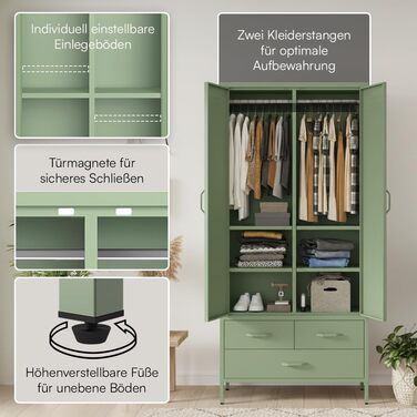 Металева шафа Skølm Atria Металева шафа з 6 відділеннями, 2 рейками для одягу та 3 шухлядами Шафа м&39ятно-зеленого кольору Металева шафа завширшки 80 см Шафа для спальні Шафа для передпокою м&39ятно-зеленого кольору з 2 дверима, 3 шухлядами
