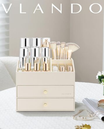 Органайзер для макіяжу VLANDO з 3 шухлядами, органайзер для туалетного столика, органайзер для косметики, органайзер для макіяжу для ванної кімнати, догляд за шкірою комода, бежевий