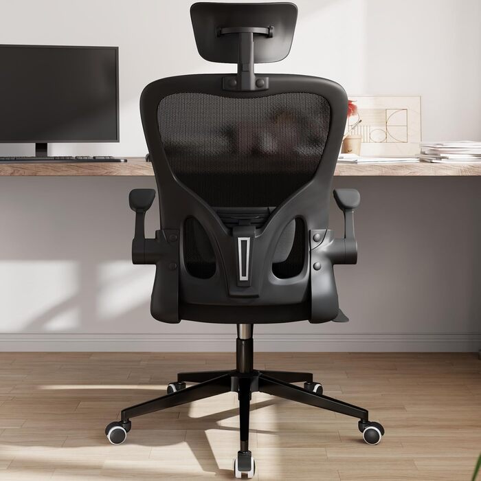 Ергономічне офісне крісло Monhey регульоване офісне крісло з поперековою опорою, підголівником, складними підлокітниками та сітчастою спинкою крісло для домашнього офісу, поворотне, дихаюче 01 Чорний