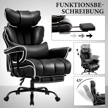 Ігрове крісло, Ергономічне офісне крісло, Крісло керівника зі штучної шкіри, Вантажопідйомність 200 кг з підставкою для ніг та поперековою опорою, Крісло для домашнього офісу, Регульоване крісло з високою спинкою, Обертове крісло (Чорне)