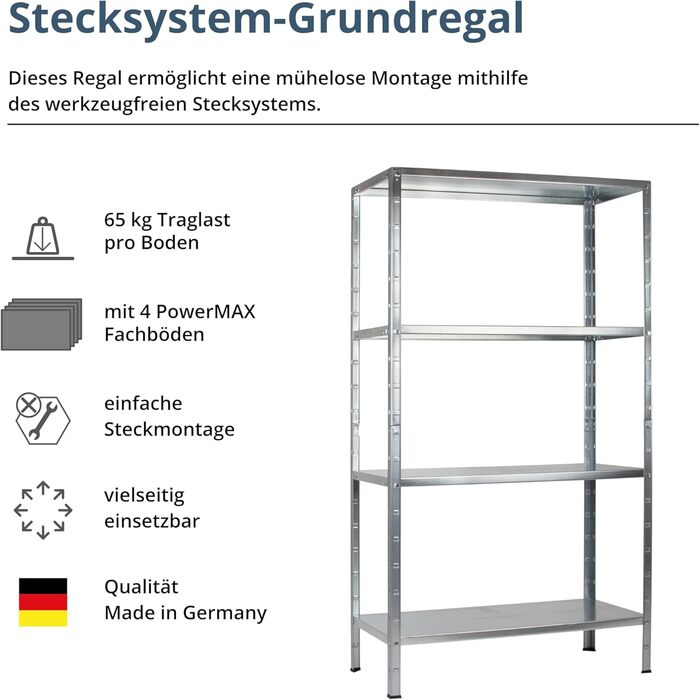 Система стелажів SCHULTE з 4 полицями PowerMAX, вантажопідйомність 65 кг, 180x80x40 см (ВxШxГ), оцинкована (полиця для зберігання, полиця для майстерні, полиця для підвалу, полиця для гаража, металева полиця)