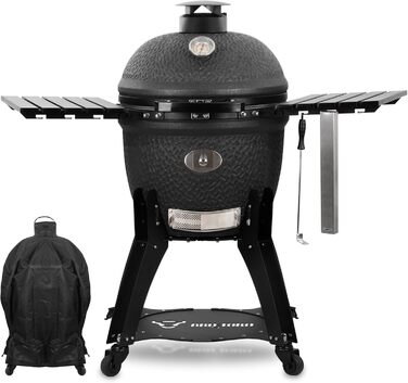 Вугільний гриль 'Yoru Ø 56 см з бічними поличками, термометром матовий чорний бульбашкова глазур керамічний гриль на колесах, кера