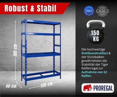 Стійка для шин PROREGAL Tiger ВxШxГ 180x120x40 см До 12 шин на 2 рівнях 2 полиці Синій Полиця для майстерні, полиця для зберігання, полиця для підвалу 12 шин 2 полиці Синій