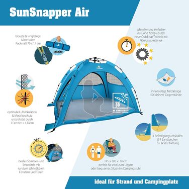 Намет для активного відпочинку SunSnapper Air - UV 80, що швидко розкладається, з 4 дверима та 3 вікнами, швидко встановлюється або автоматично встановлюється, замикається, із захистом від ультрафіолету 80, екраном для приватності та захистом від комах