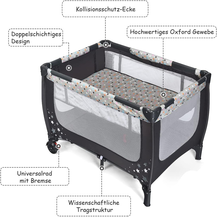 Ліжечко-манеж COSTWAY 2 в 1, складне, 120 x 60 см, 2-рівневе дитяче ліжечко з матрацом та сумкою для перенесення (сіре)