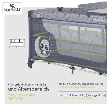 Дитяче ліжечко та манеж Lorelli 3-в-1, Moonlight 2 рівні, бічний вхід, ліжечко з народження, дитяче ліжечко для подорожей, пеленальний килимок, колеса, сумка, сірий/світло-сірий