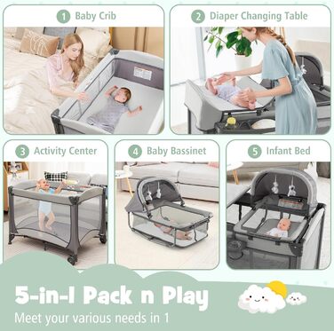 Дорожнє ліжечко GOPLUS 5-в-1 з пеленальний килимок, потовщений матрац, складне дитяче ліжечко з повітряними боковими стінками, колеса, сумка для перенесення, дитяча колиска з навісом, манеж для немовлят 0-36 місяців (сірий)