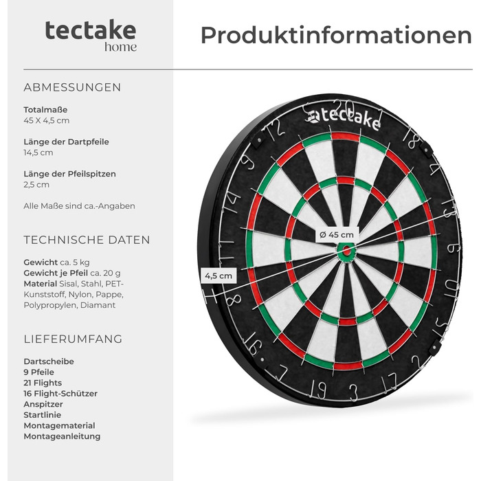 Мішень для дартсу tectake, професійний набір сталевих мішен для дартсу з 9 дротиками, 21 стрілкою та аксесуарами для сталевих дартсу, сталевий дартс, гра в дартс, дартс, мішень для дартсу