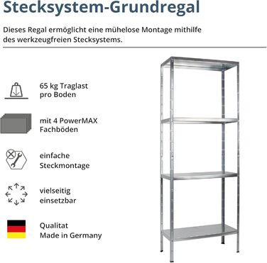 Система стелажів SCHULTE з 4 полицями PowerMAX, вантажопідйомність 65 кг, 180x60x40 см (ВxШxГ), оцинкована (полиця для зберігання, полиця для майстерні, полиця для підвалу, полиця для гаража, металева полиця)