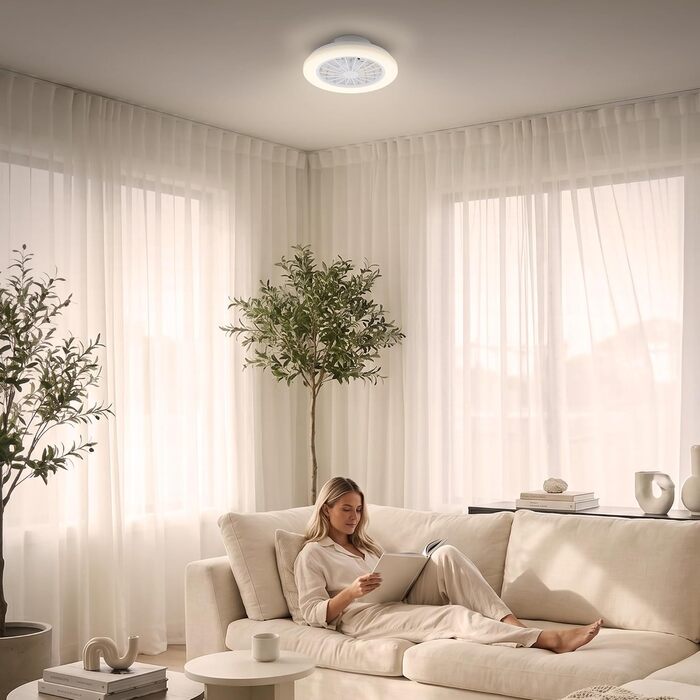 Стельовий LED-вентилятор BRILONER з освітленням та пультом керування, тихий DC-мотор, 5 швидкостей, регулювання температури світла (CCT) та яскравості, 38 см, білий