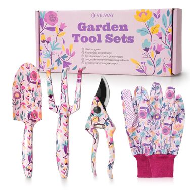 Подарунковий набір садових інструментів для жінок Velway - 5 предметів, з рукавичками та подарунковою коробкою. Квітковий принт, металеві інструменти. Ідеальний подарунок для садівниць, мам, на День Матері, Різдво або День народження.