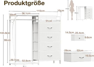 Комод Coleshome з вішалкою для одягу, світлодіодним освітленням та розеткою, двосторонній дизайн з 6 шухлядами, тканинний комод для спальні та вітальні, 110 x 30 x 106 см, білий