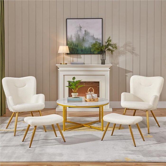 Крісло-крило Yaheetech з пуфом для ніг з тканини букле, реклайнер з підставкою для ніг, шезлонг зі складною спинкою, крісло під телевізор для вітальні/спальні кольору слонової кістки