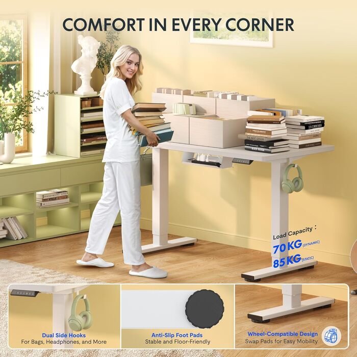 Стіл FlexiSpot з регульованою висотою Basic з організацією кабелів, гачками та цільною стільницею, ергономічний стіл для домашнього офісу, офісний стіл (120x60 см, білий) 120 x 60 см Білий біла рама