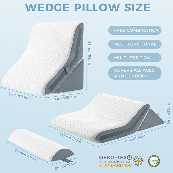 Ортопедичний комплект подушок-клинів 3-в-1, регульована трикутна подушка з піни з ефектом пам&39яті для підтримки ніг і колін, апное сну, болю в спині, полегшення печії та хропіння