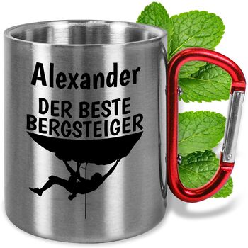 Персоналізована кружка з нержавіючої сталі з карабіном, приблизно 330 мл, подарунок для альпіністів, любителів гір, чоловіків та жінок - металева кружка з назвою - для кемпінгу на природі (Найкращий альпініст, червона ручка)