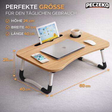 Складаний столик для ноутбука та сніданку дерев'яний піднос-стіл з тримачем для планшета, для дивана та ліжка, багатофункціональний столик для роботи, навчання, читання та їжі, (60 см)