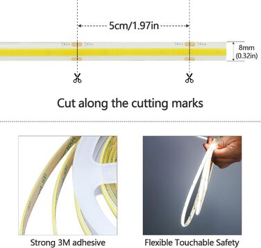 Світлодіодна стрічка GOMING 24 В COB 3000K 5M Водонепроникна світлодіодна стрічка IP65 480 світлодіодів / м Без світлових плям CRI 93 Світлодіодна стрічка високої яскравості 4300 лм для прикраси домашньої кухні (тільки стрічка) (холодний білий, 5 метрів)