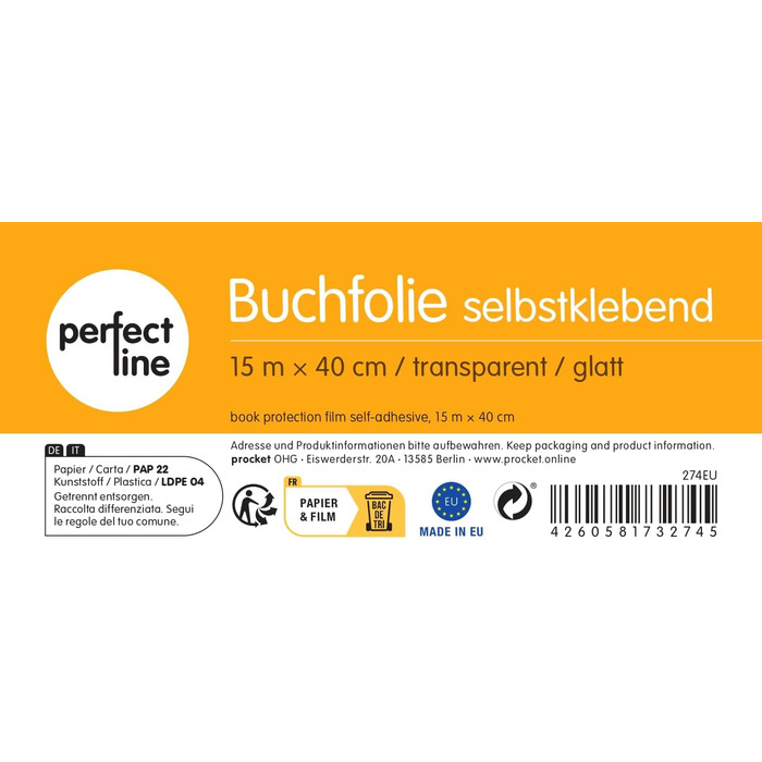 Ідеальна лінія захисна плівка для книг самоклеюча 15 м х 40 см, книжкова фольга прозора, плівка для обгортання книг документопробна, ЗРОБЛЕНО В НІМЕЧЧИНІ 1 х 15м (15м х 40см)