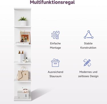 Книжкові полиці SONNI, настінна полиця, 6 полиць, які можна використовувати як настінну або окремостоячу полицю, полиця для книг, журналів, декору, окремостояча полиця в індустріальному стилі для вітальні, кухні, домашнього офісу, біла, 30x24,8x160 см. Бі