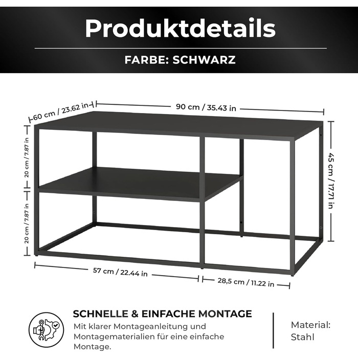 Журнальний столик Solund, приставний столик, металевий, чорний, стіл для вітальні з місцем для зберігання, 90 x 60 x 45 см, прямокутний диван-столик, журнальний столик, чорний, 90 x 60 x 45 см - 1 полиця