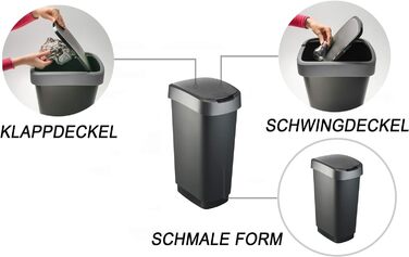 Відро для сміття Rotho Twist 50 л з кришкою, пластик (PP) без вмісту BPA, чорний/сріблястий, 50 л (40,1 x 29,8 x 60,2 см)