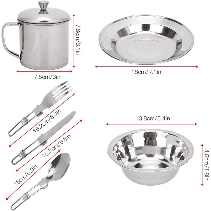 Набір столових приборів для кемпінгу, набір посуду з нержавіючої сталі, мірний набір, включає тарілку, чашку, виделку, ложку, ніж, набір столових приборів 8 в 1 з сітчастою сумкою, набір посуду для кемпінгу, походів та пікніків на свіжому повітрі