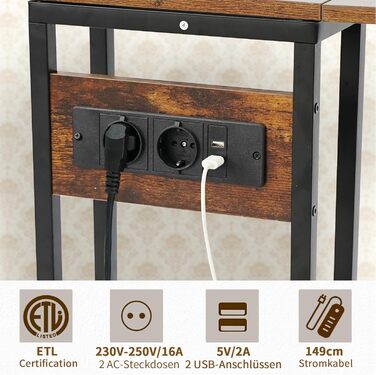 Приставний столик Hadulcet для дивана, С-подібний приставний столик, розкладна стільниця, столик для ноутбука з колесами, зарядна станція, вузький приставний столик для вітальні, спальні, висота 70 см, приставний столик темно-коричневого кольору