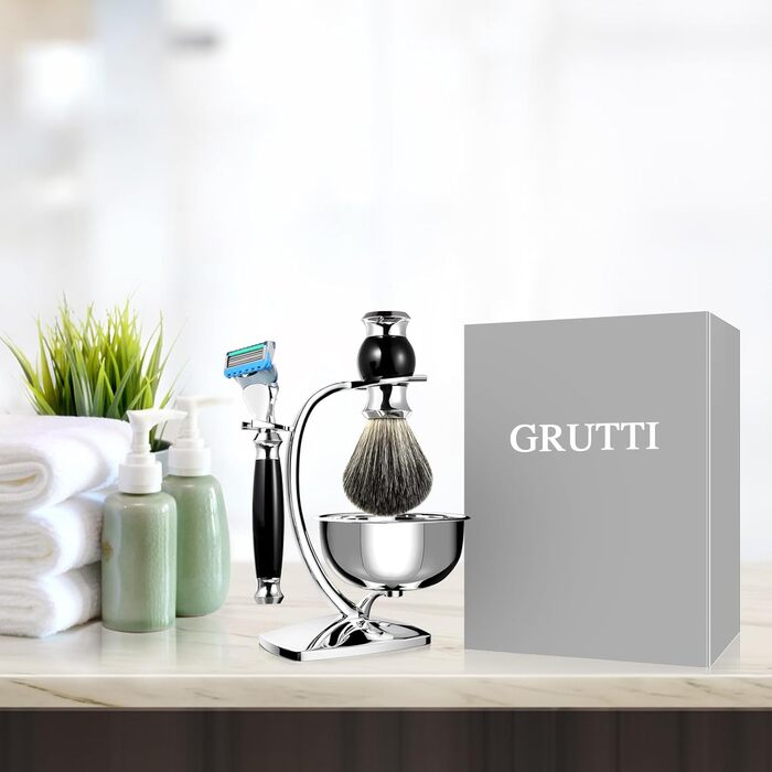 Набір щіток для гоління GRUTTI Premium з безпечною підставкою для бритви та чашею для гоління та щіткою для гоління Imitation Badger Hair and Wet Shaver Men (сумісний з Fusion 5), подарункові набори для чоловіків, сумісні з Fusion 5 Set-Black