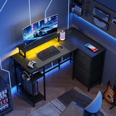 Г-подібний кутовий письмовий стіл DEVAISE 12380 см з 3 шухлядами, стіл з USB-портом та підставкою для монітора, комп&39ютерний стіл із місцем для зберігання для домашнього офісу, чорний.