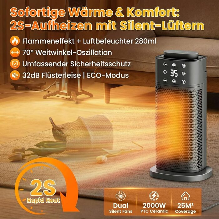 Керамічний вентилятор-обігрівач з ефектом полум&39я та зволожувачем повітря, електричний обігрівач потужністю 2000 Вт, енергозберігаючий та тихий, потужний електричний обігрівач для офісу та спальні, ідеально підходить для обігрівача кімнати