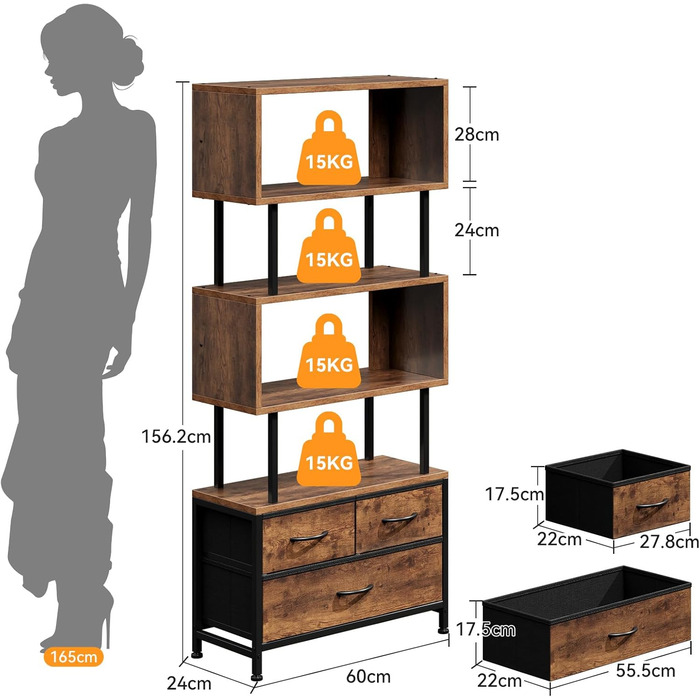 Ярусна книжкова полиця Coleshome, окремостояча полиця з 3 тканинними шухлядами, вузька полиця, підходить для спальні, офісу, вітальні, 60 x 24 x 155 см, вінтажні кольори, 5-