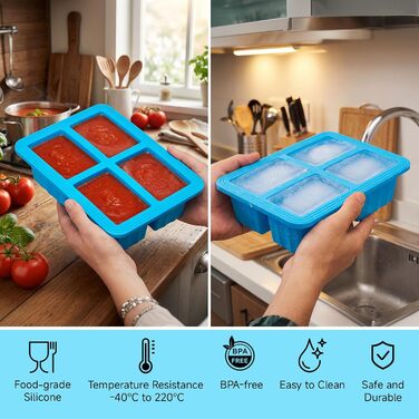 Контейнери для заморожування супів, 2 шт., силіконові кубики для супу з кришками, морозильна камера без бісфенолу А, лоток для кубиків льоду в морозильній камері для бульйону, соусу та льоду (синій)