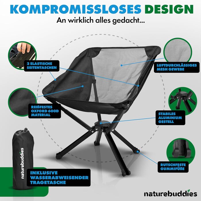 Складане кемпінгове крісло Надлегке Маленький розмір у упаковці Складане Легке Компактне Вантажопідйомність до 150 кг Рибальське крісло Складане крісло Кемпінгове крісло - Піший туризм Риболовля Фестиваль Кемпінг Відпочинок На природі Чорний