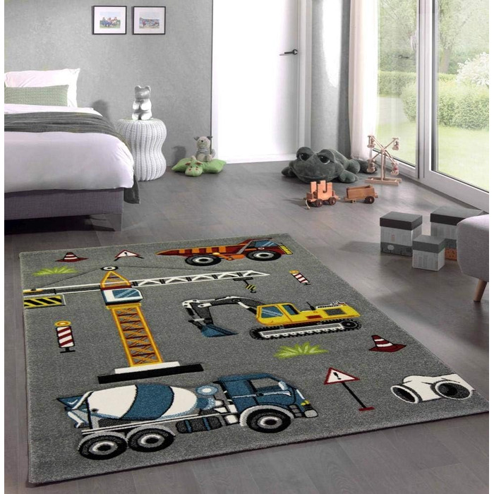 Дитячий килим CARPETIA Будівельний майданчик екскаватор сірий жовтий червоний помаранчевий розмір 200 х 290 см