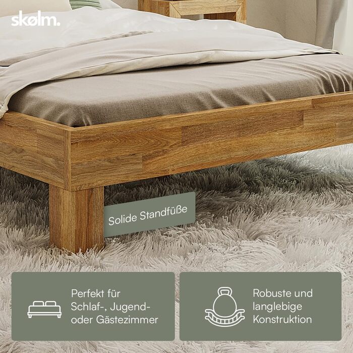 Ліжко Skølm Floki з масиву дуба 140x200 см - високоякісний каркас ліжка - каркас ліжка з узголів&39ям - ліжко з натуральної промасленої деревини - 140x200 см ліжко, що підходить як двоспальне ліжко - футон 140 x 200 см з узголів&39ям - дуб