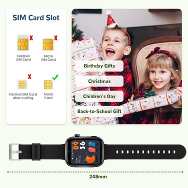 Дитячий смарт-годинник з функцією відеодзвінків та телефону, GPS, голосовий чат, WhatsApp, WiFi, SOS, SMS, шкільний режим, крокомір, водонепроникний IP68, будильник, дитячий смарт-годинник для дівчаток/хлопчиків, чорний