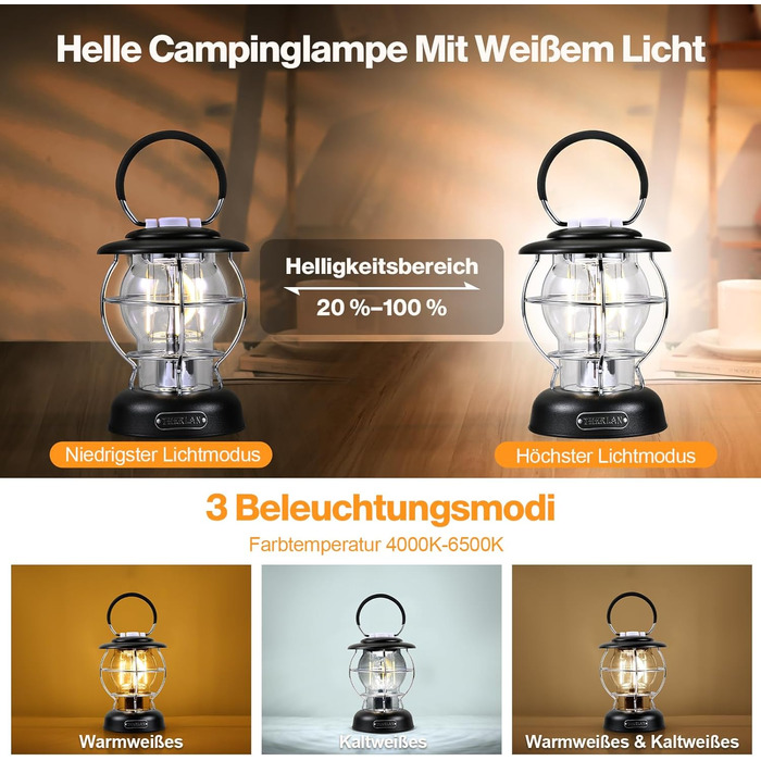 Ліхтар для кемпінгу, ретро-ліхтар для кемпінгу, (320 лм, IP44, 5000 мАг, до 180 годин) 3 рівні яскравості, плавне затемнення, акумуляторний ліхтар для кемпінгу, зовнішній світлодіодний ліхтар для кемпінгу RCL0002