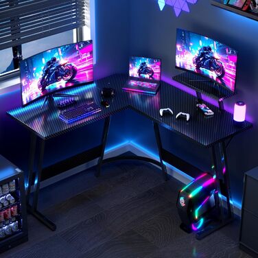 Ігровий стіл L-подібний 120x120 см, Кутовий стіл для ігор, L-подібний стіл з підставкою для монітора, Карбоново-чорний 120 x 120 см Чорний