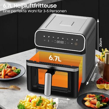 Фритюрниця Iceagle 6.7 л Airfryer XXL - фритюрниця 2200 Вт з подвійним нагріванням, фритюрниця з 8 програмами, оглядове вікно, світлодіодний сенсорний екран, книга рецептів, чорна 6.7 л