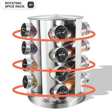 Кругла підставка для спецій Miorkly з 16 круглими банками для спецій, карусель для спецій з нержавіючої сталі, що обертається на 360, органайзер для спецій, стійка для спецій, контейнери для спецій зі вставкою-шейкером, банки для спецій, ярлики, лійка, ма