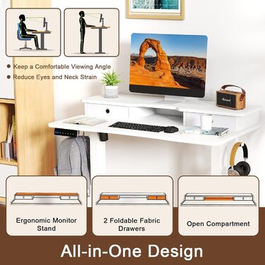 Письмовий стіл з регульованою висотою, електричний стіл для роботи стоячи з підставкою для монітора, 2 шухляди, 2 гачки, невеликий комп&39ютерний стіл з регульованою висотою від 73 до 122 см, для навчання та офісу (білий)