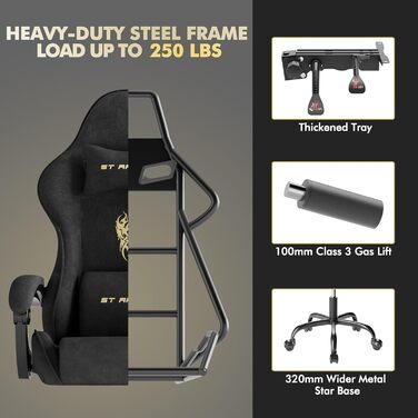 Ігрове крісло, Ергономічне ігрове крісло, Офісне поворотне крісло з регульованою опорою для голови та попереку, підлокітниками та підставкою для ніг, чохол з дихаючої тканини, Гоночне ПК-крісло (чорне)