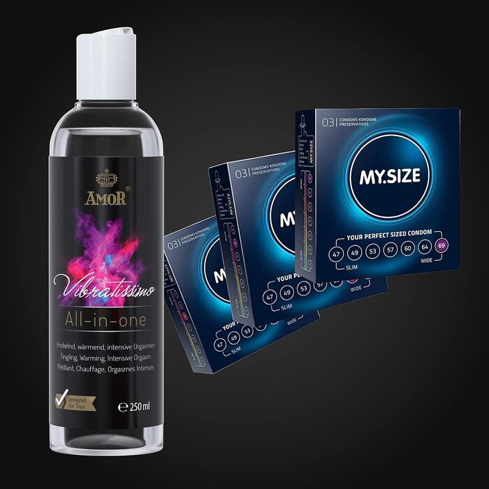 Презервативи Vibratissimo Play Gel все в одному 250 мл та MY.SIZE, 3 шт. Зігрівальний, поколюючий та стимулюючий оргазм лубрикант Зволожувальний матеріал на водній основі та презервативи шириною 57, 60, 64 мм, 250 мл () Набір (все в одному презервативи My