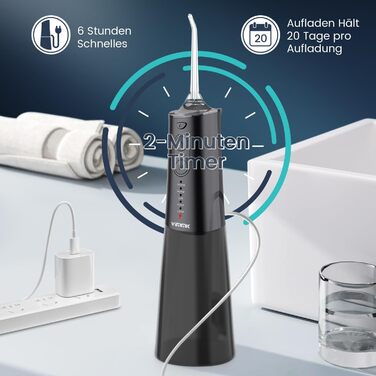 Іригатор порожнини рота Акумуляторний електричний очищувач зубів, Vimmk Dental Irrigator Water Flosser 5 режимів і 8 насадок Акумуляторна нитка для води USB-C IPX7 водонепроникний, резервуар для води 300 мл Очищувач порожнини рота (чорний)