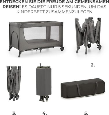 Дитяче ліжко Kinderkraft Joy 2, дорожнє ліжечко 2-в-1, дитячі ліжка, дитяче ліжко, дорожнє ліжечко, сучасний дизайн, малі розміри у складеному вигляді, колеса, темно-сірий колір Joy 2 Dark Grey