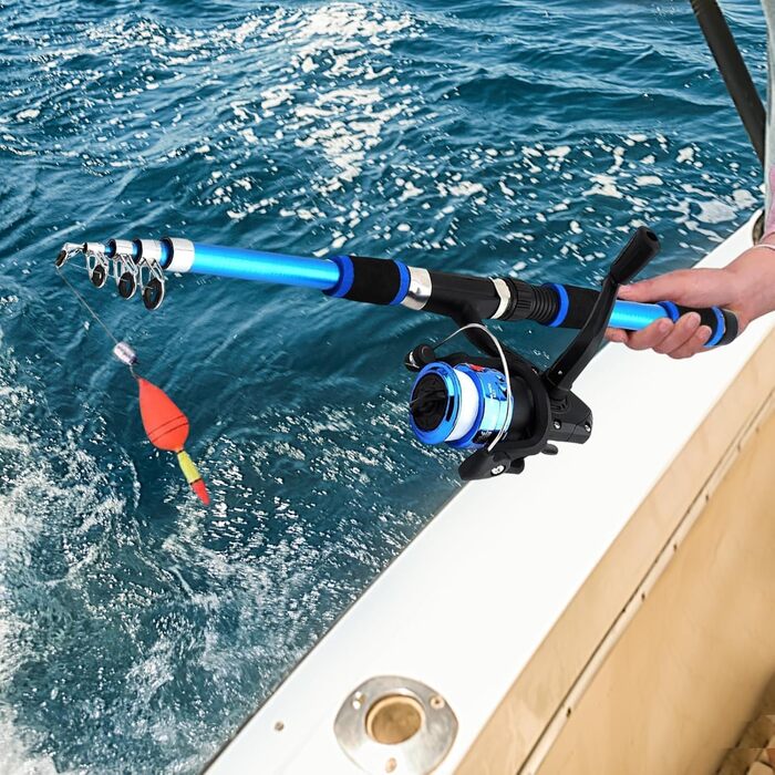 Рибальський набір для дітей, дитячий стартовий набір для риболовлі 1,8 м, набір вудок для дітей з рибальською котушкою та набором приманок, телескопічні вудки та котушка з вуглецевого волокна, рибальські аксесуари для дітей віком 3-10 років, синій
